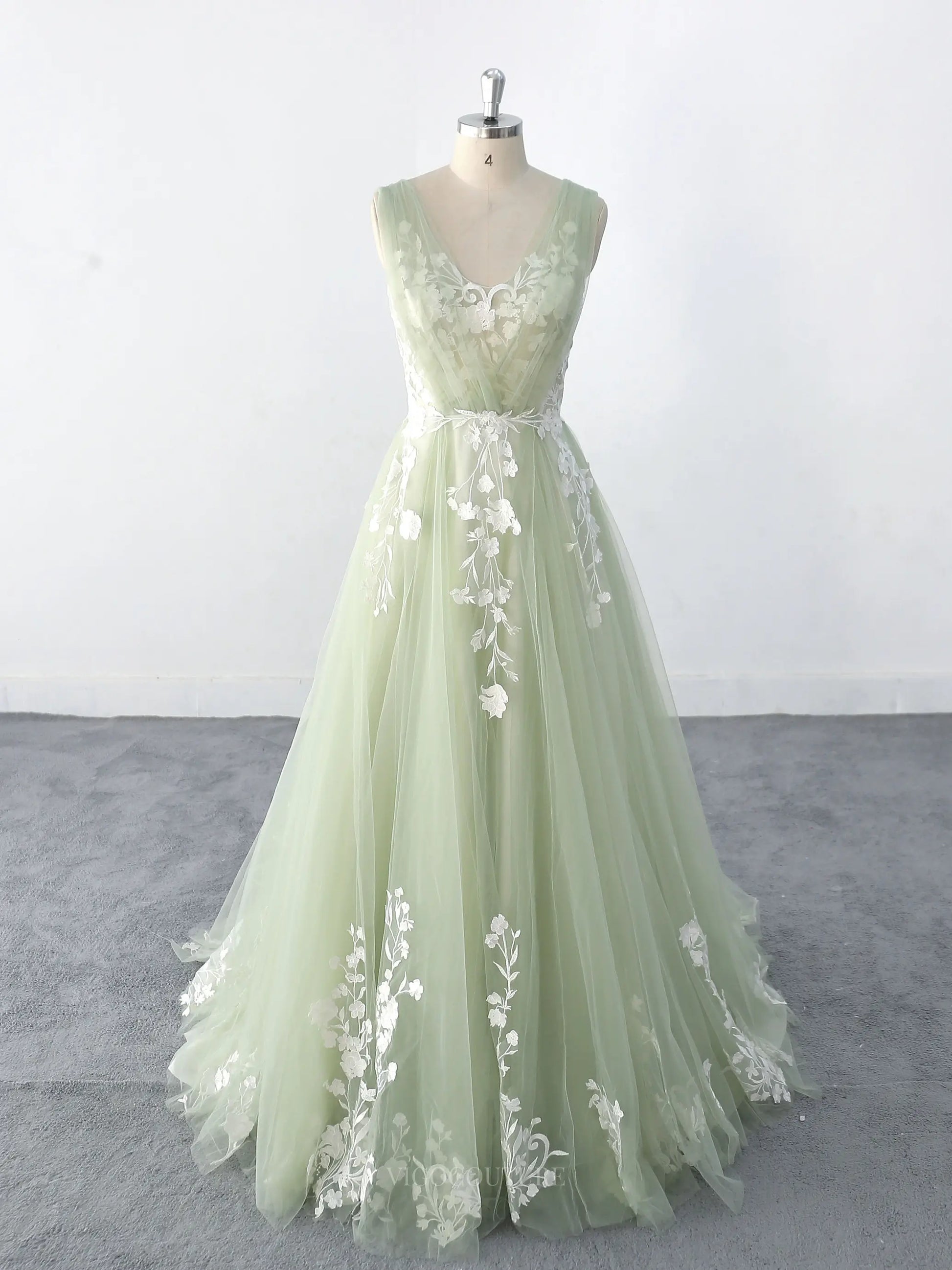 Wedding Dresses 2025 to impress Light Green Sheer Tulle Lace Wedding Dresses with V-Neck, Sweep Train & Open Back - MQ008-vigocouture-Green-Custom Size-vigocouture