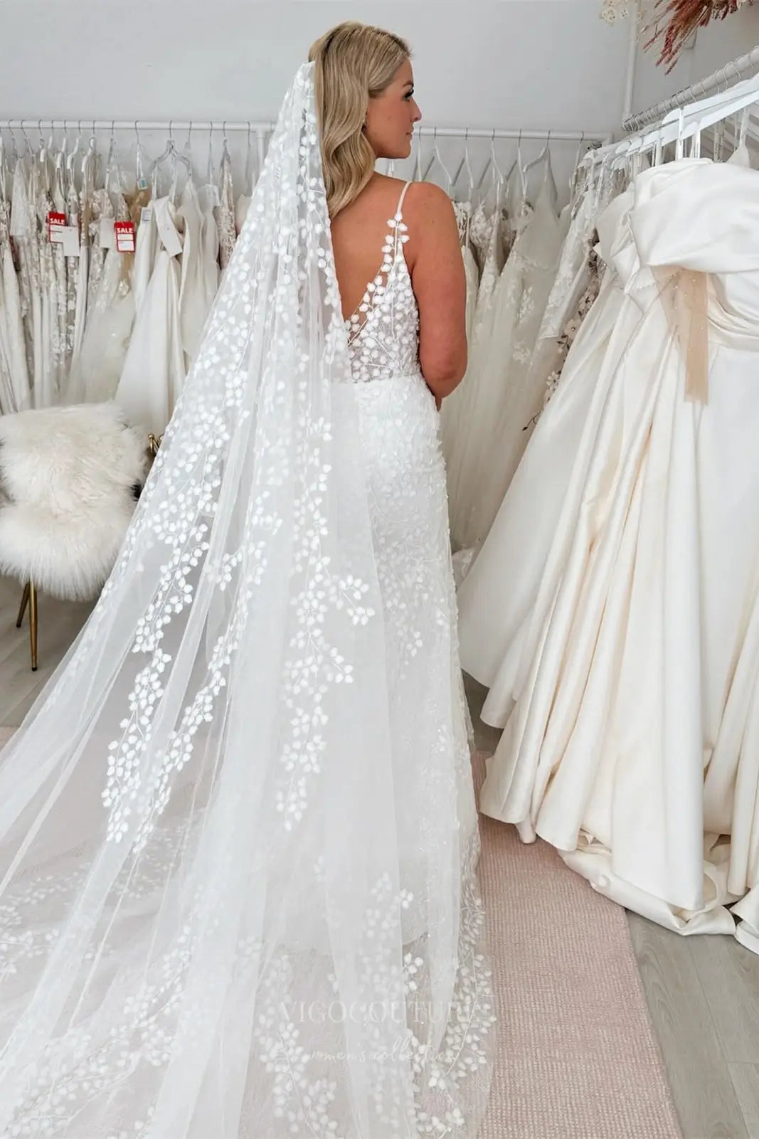Wedding Dresses 2025 to impress Lily of the Valley Lace Mermaid Wedding Dress with Spaghetti Strap, Scoop Neck, Illusion Back – W2366-vigocouture-vigocouture