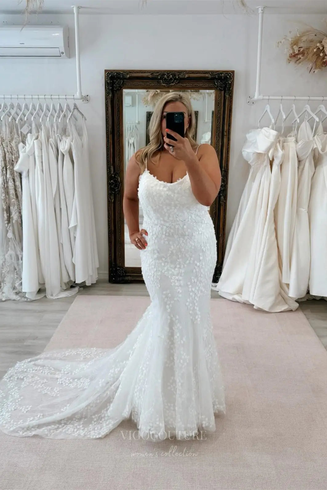 Lily of the Valley Lace Mermaid Wedding Dress with Spaghetti Strap, Scoop Neck, Illusion Back – W2366