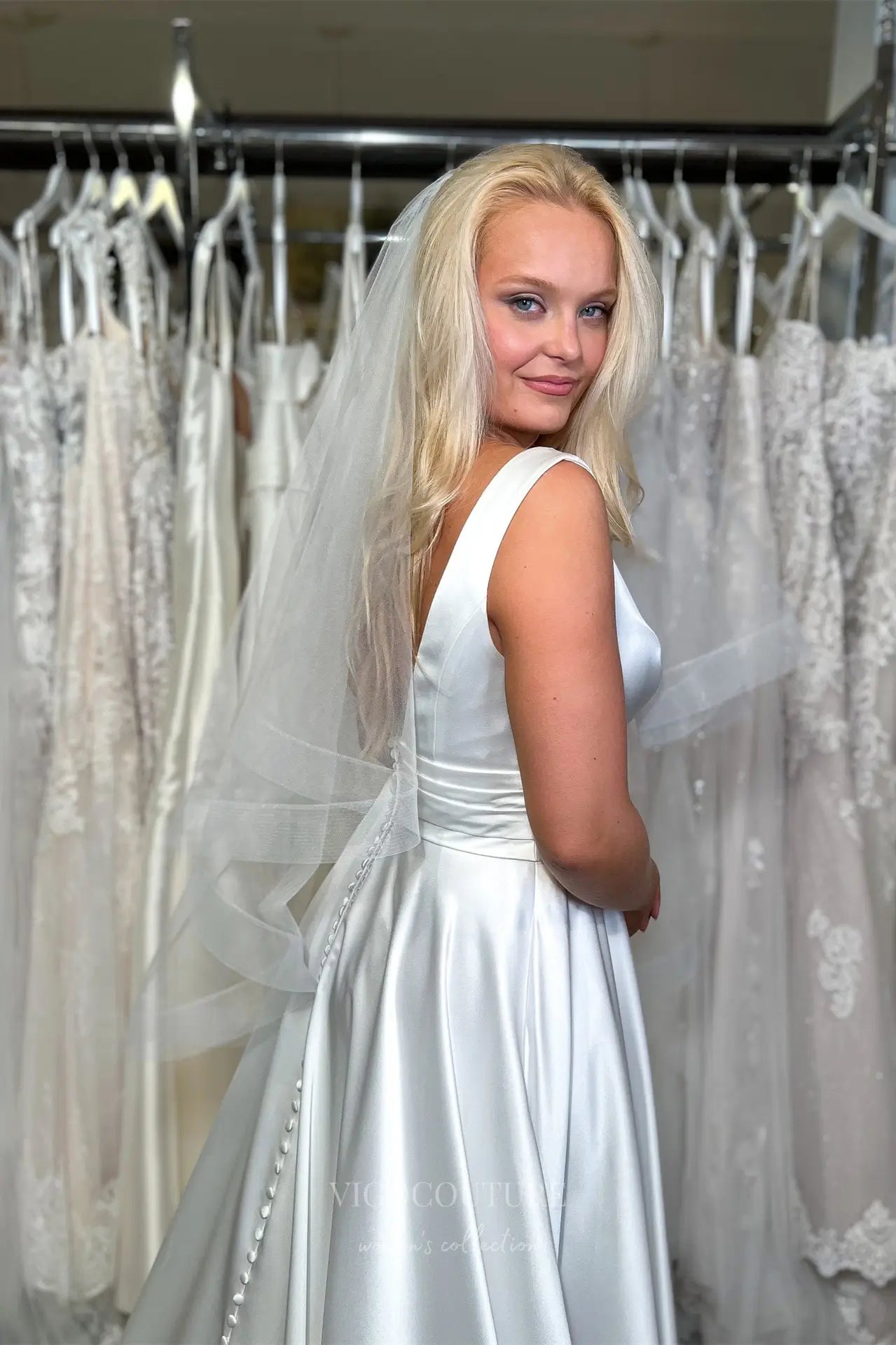 Wedding Dresses 2025 to impress Lustrous Ivory Satin Wedding Dress with Deep V-Neckline, Draped Waist & High Slit – W2349-vigocouture-vigocouture