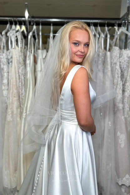 Wedding Dresses 2025 to impress Lustrous Ivory Satin Wedding Dress with Deep V-Neckline, Draped Waist & High Slit – W2349-vigocouture-vigocouture