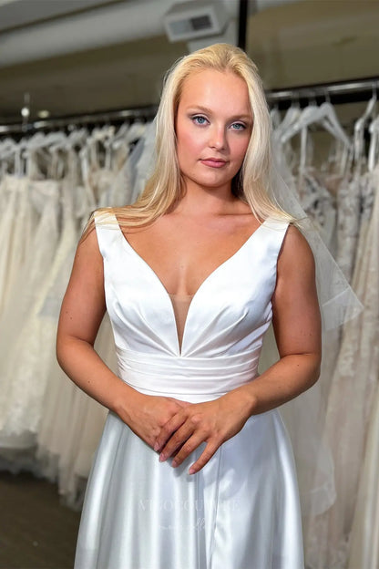 Wedding Dresses 2025 to impress Lustrous Ivory Satin Wedding Dress with Deep V-Neckline, Draped Waist & High Slit – W2349-vigocouture-vigocouture