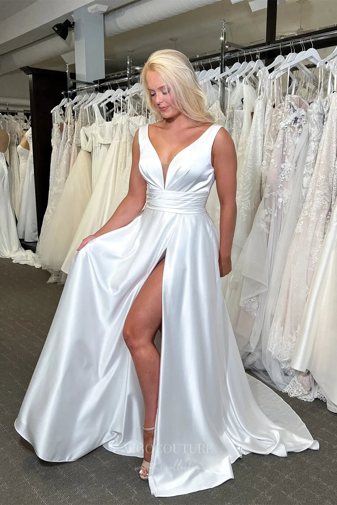 Lustrous Ivory Satin Wedding Dress with Deep V-Neckline, Draped Waist & High Slit – W2349