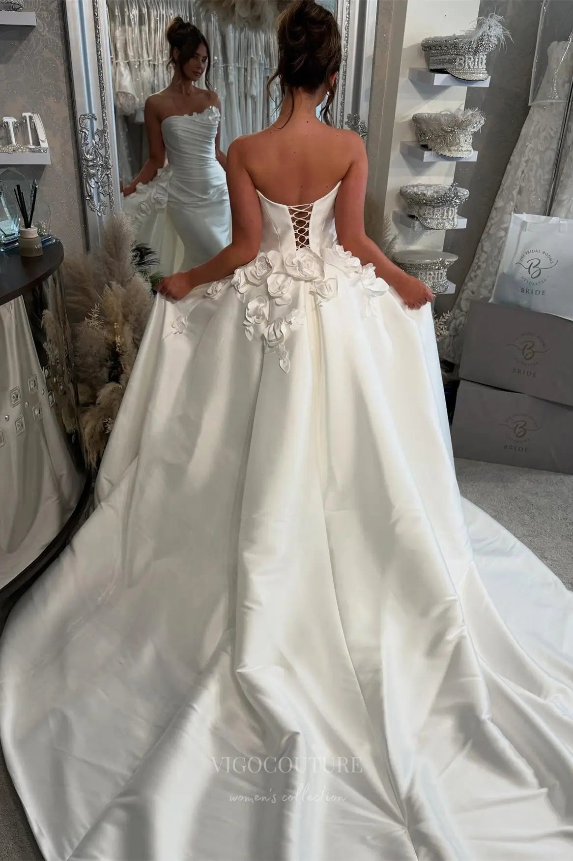 Wedding Dresses 2025 to impress Luxurious Ivory Satin Mermaid Wedding Dress with Detachable Overskirt, Handmade Flowers & Lace-Up Back – W2357-vigocouture-vigocouture