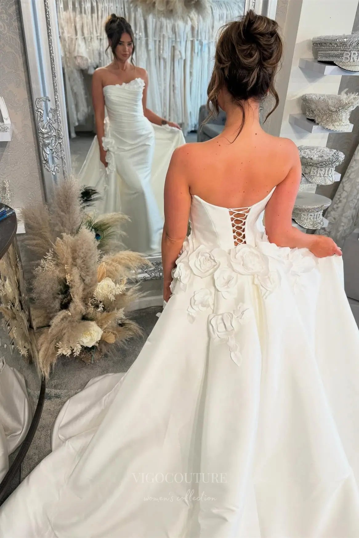 Wedding Dresses 2025 to impress Luxurious Ivory Satin Mermaid Wedding Dress with Detachable Overskirt, Handmade Flowers & Lace-Up Back – W2357-vigocouture-vigocouture