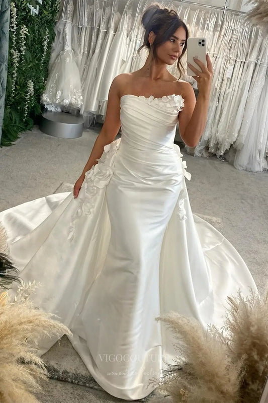 Luxurious Ivory Satin Mermaid Wedding Dress with Detachable Overskirt, Handmade Flowers & Lace-Up Back – W2357