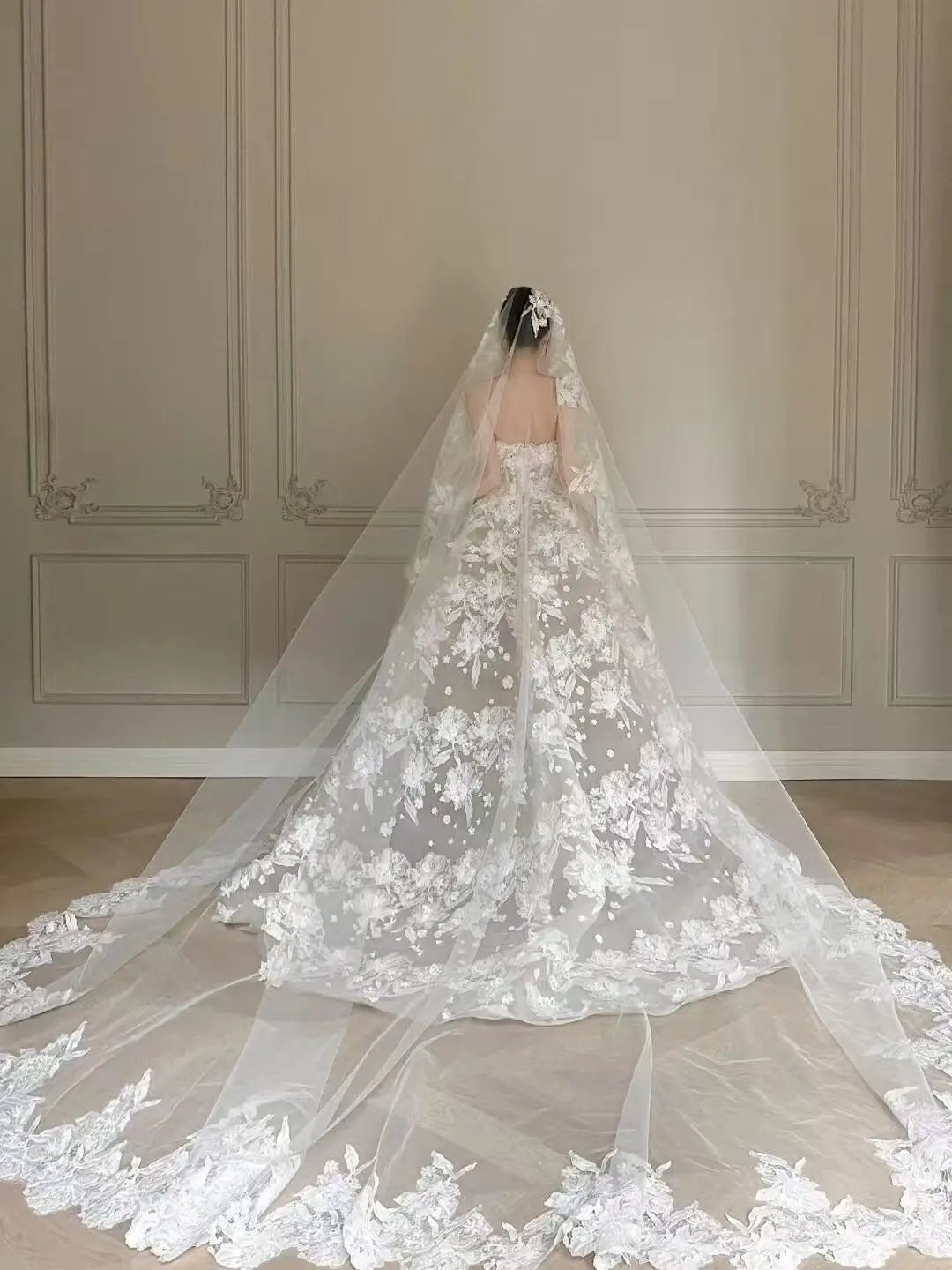 3D Floral Lace Ball Gown Wedding Dress with Cathedral Veil Custom Colors / 0 3D Floral Lace Ball Gown Wedding Dress with Cathedral Veil Custom Colors / 0