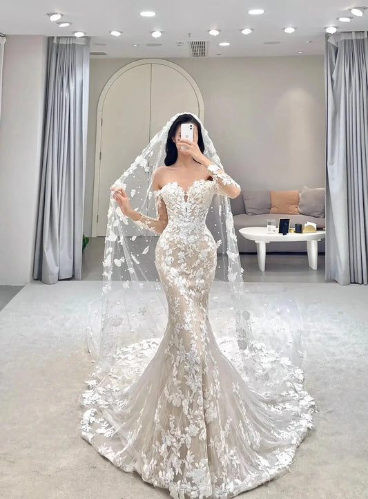 Wedding Dresses 2025 to impress Luxury Off-Shoulder Mermaid Wedding Dress with Sheer Floral Lace & Cathedral Veil | Style RD002-vigocouture-Nude-Custom Size-vigocouture