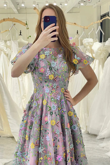 Wedding Dresses 2025 to impress Mauve Meadow Flower Whimsical Wedding Dress with Sheer Floral Bodice and Puff Sleeves – W2240-vigocouture-vigocouture