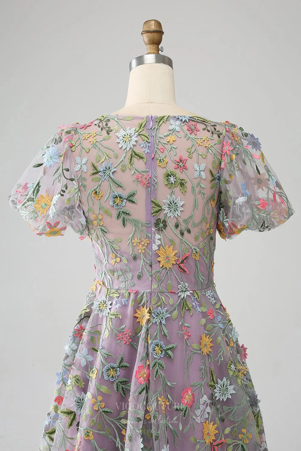 Wedding Dresses 2025 to impress Mauve Meadow Flower Whimsical Wedding Dress with Sheer Floral Bodice and Puff Sleeves – W2240-vigocouture-vigocouture