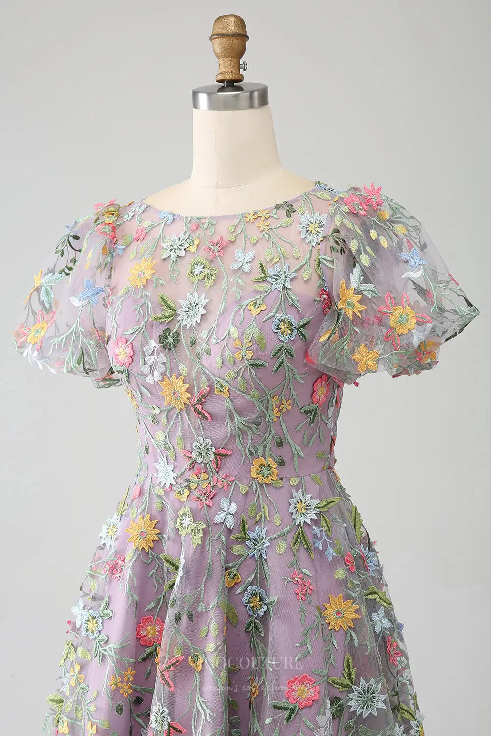 Wedding Dresses 2025 to impress Mauve Meadow Flower Whimsical Wedding Dress with Sheer Floral Bodice and Puff Sleeves – W2240-vigocouture-vigocouture