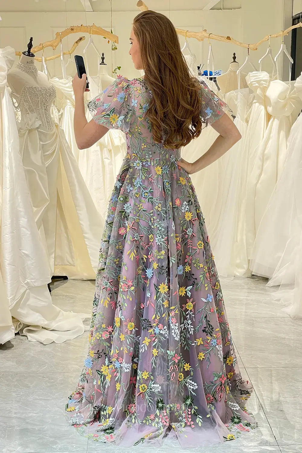 Wedding Dresses 2025 to impress Mauve Meadow Flower Whimsical Wedding Dress with Sheer Floral Bodice and Puff Sleeves – W2240-vigocouture-vigocouture