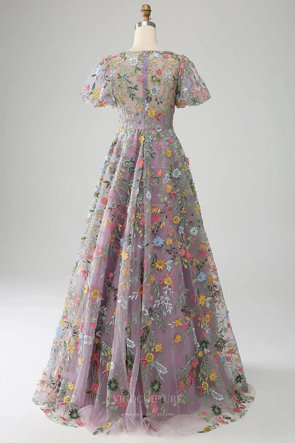 Wedding Dresses 2025 to impress Mauve Meadow Flower Whimsical Wedding Dress with Sheer Floral Bodice and Puff Sleeves – W2240-vigocouture-vigocouture