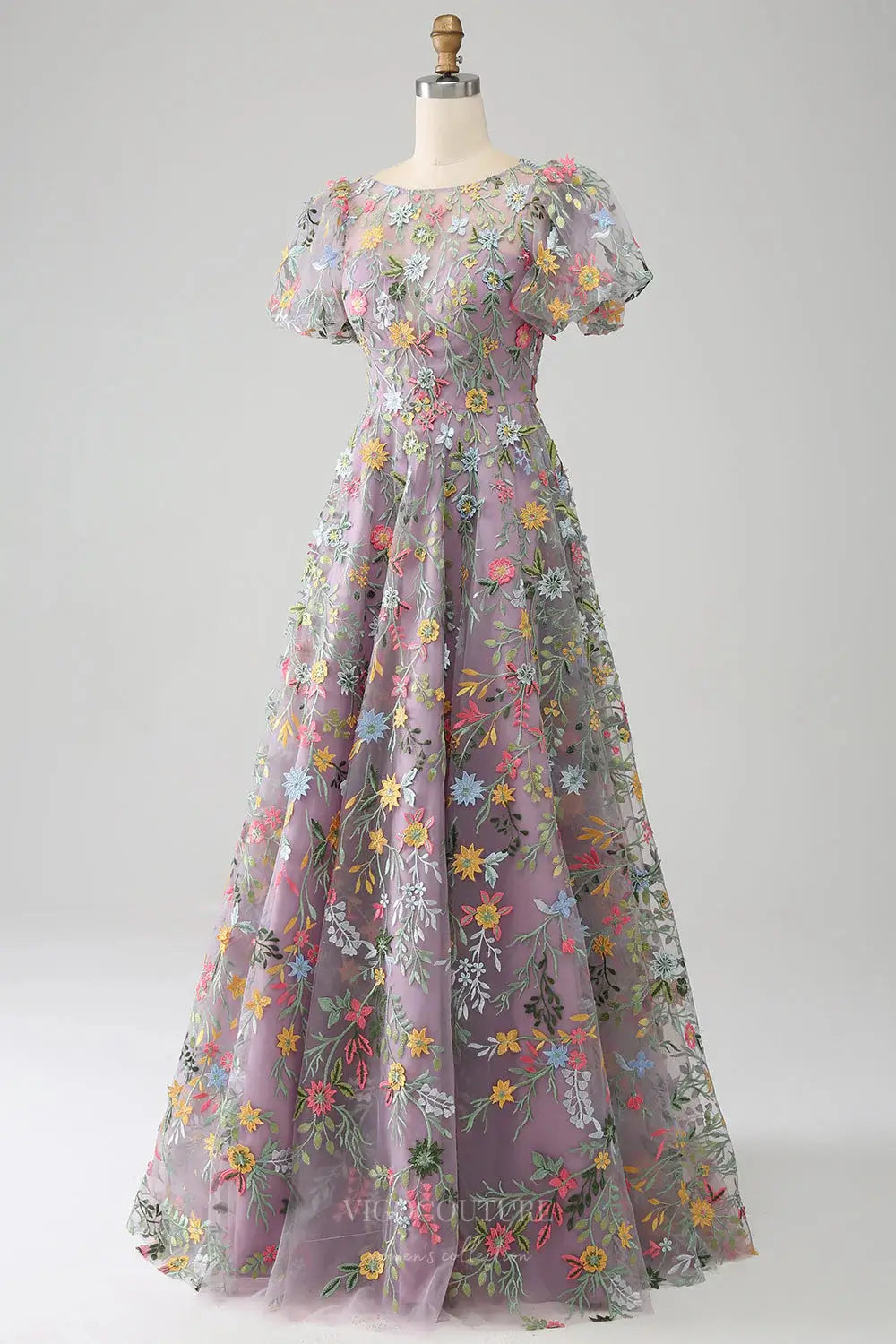 Wedding Dresses 2025 to impress Mauve Meadow Flower Whimsical Wedding Dress with Sheer Floral Bodice and Puff Sleeves – W2240-vigocouture-vigocouture