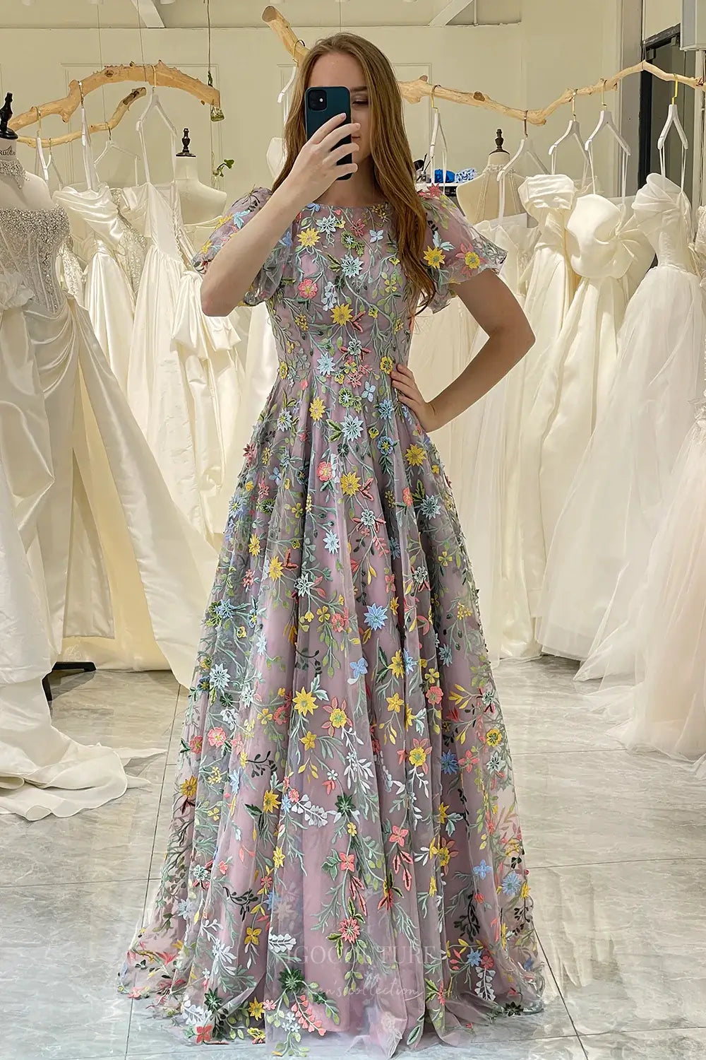 Wedding Dresses 2025 to impress Mauve Meadow Flower Whimsical Wedding Dress with Sheer Floral Bodice and Puff Sleeves – W2240-vigocouture-vigocouture