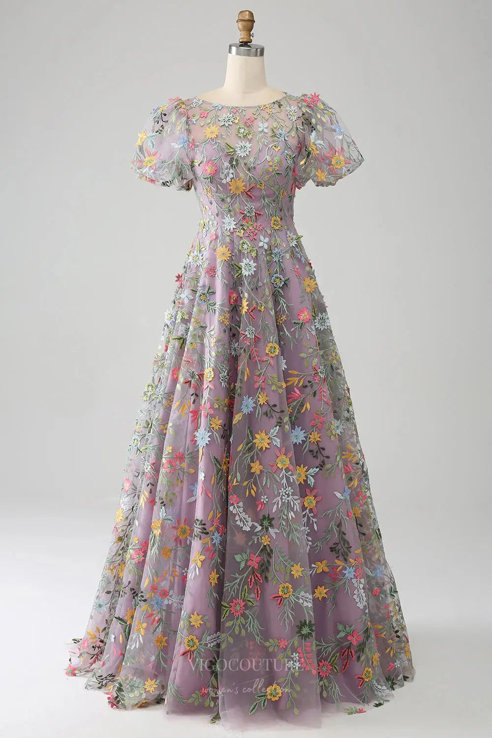 Mauve Meadow Flower Whimsical Wedding Dress with Sheer Floral Bodice and Puff Sleeves – W2240