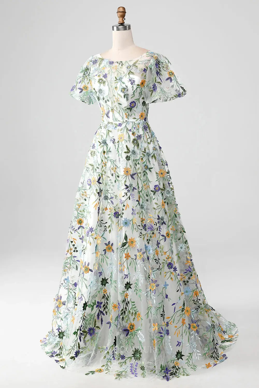 Wedding Dresses 2025 to impress Meadow Flower Whimsical Wedding Dress with Sheer Illusion Neckline and Flutter Sleeves – W2237-vigocouture-vigocouture