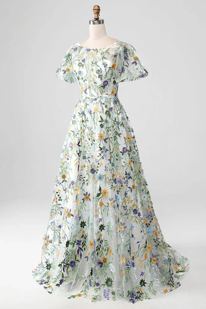 Wedding Dresses 2025 to impress Meadow Flower Whimsical Wedding Dress with Sheer Illusion Neckline and Flutter Sleeves – W2237-vigocouture-vigocouture