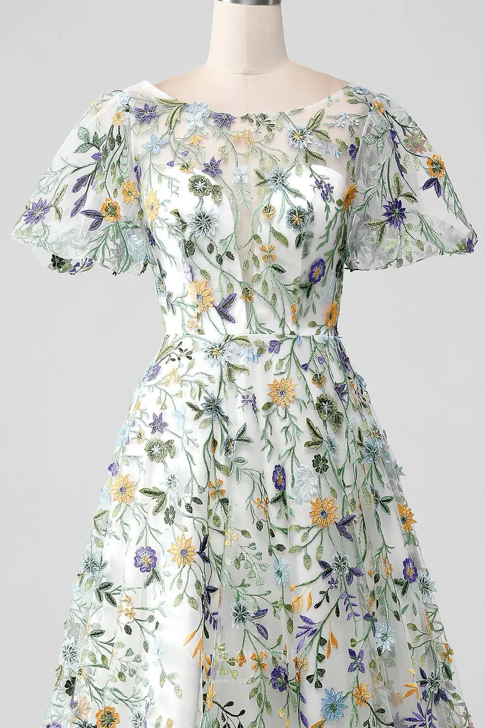 Wedding Dresses 2025 to impress Meadow Flower Whimsical Wedding Dress with Sheer Illusion Neckline and Flutter Sleeves – W2237-vigocouture-vigocouture