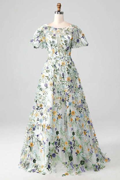 Meadow Flower Whimsical Wedding Dress with Sheer Illusion Neckline and Flutter Sleeves – W2237