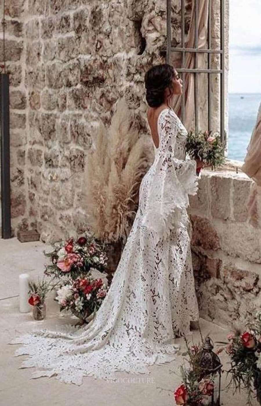 Mermaid Bohemian Lace Wedding Dresses Long Flare Sleeves Bridal Gown w0161-Wedding Dresses-vigocouture-Ivory-US2-vigocouture