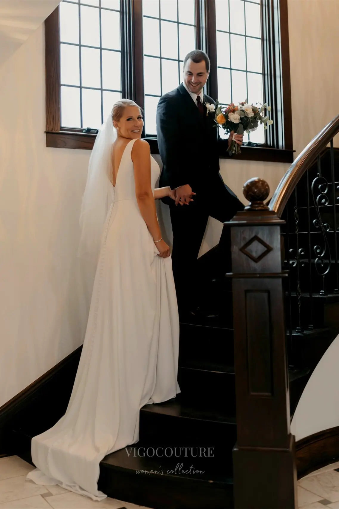 Wedding Dresses 2025 to impress Minimalist Ivory Crepe Wedding Dress with Deep V-Neckline, Open Back & Sleek Silhouette – W2348-vigocouture-vigocouture