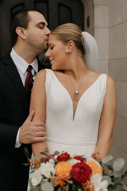 Wedding Dresses 2025 to impress Minimalist Ivory Crepe Wedding Dress with Deep V-Neckline, Open Back & Sleek Silhouette – W2348-vigocouture-vigocouture