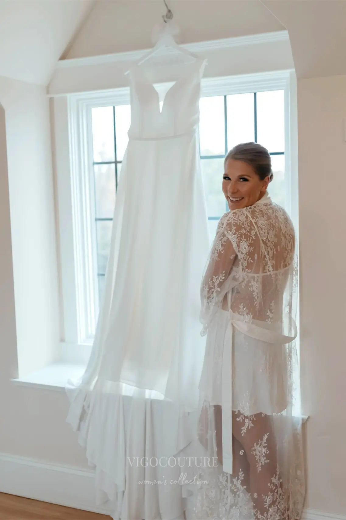 Wedding Dresses 2025 to impress Minimalist Ivory Crepe Wedding Dress with Deep V-Neckline, Open Back & Sleek Silhouette – W2348-vigocouture-vigocouture