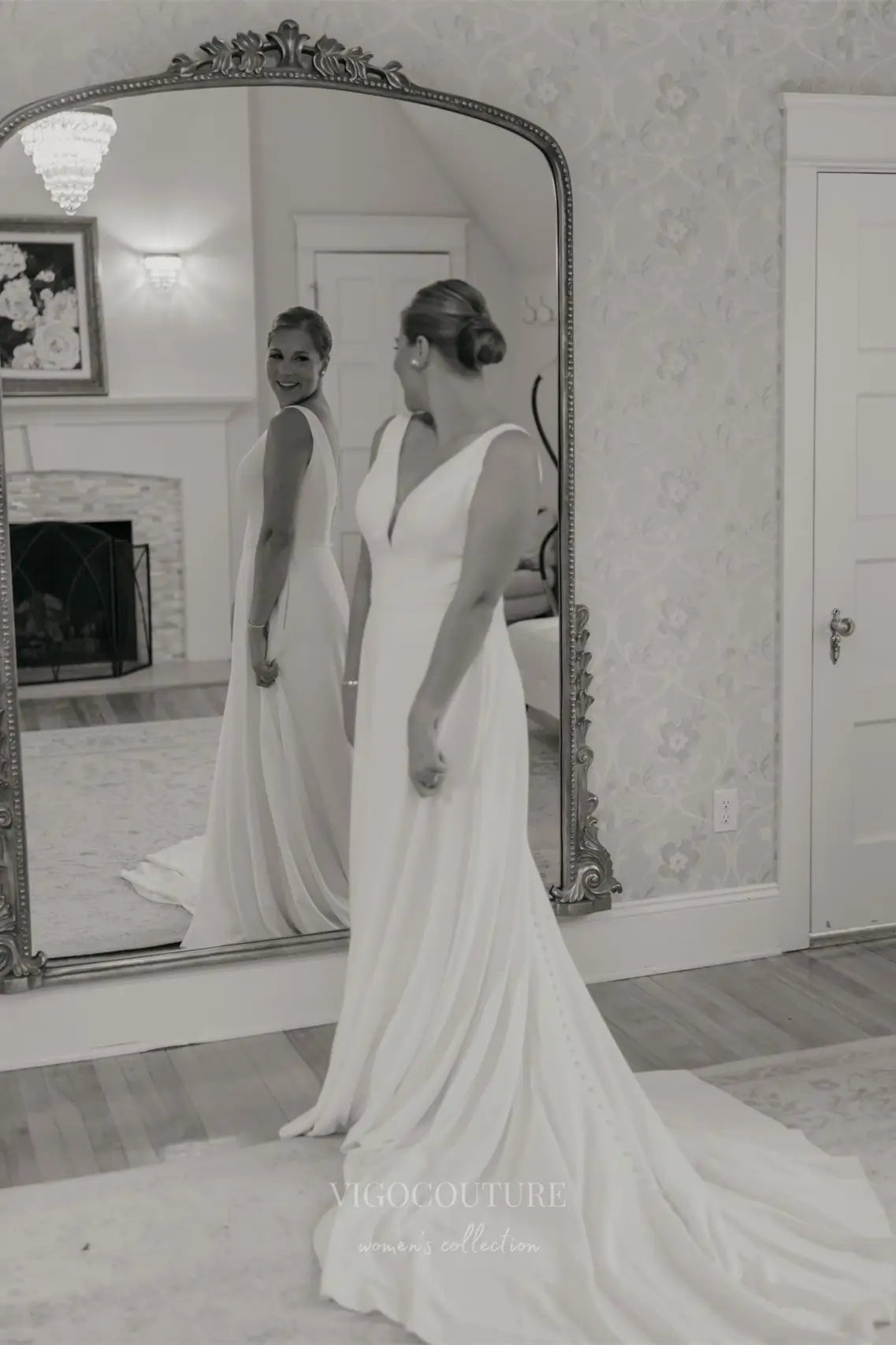 minimalist dress to impress Ivory Crepe Wedding with Draped Back & Sweep Train W2300 Ivory / US 26W Minimalist ivory crepe wedding dress with deep V Minimalist Ivory Crepe Wedding Dress