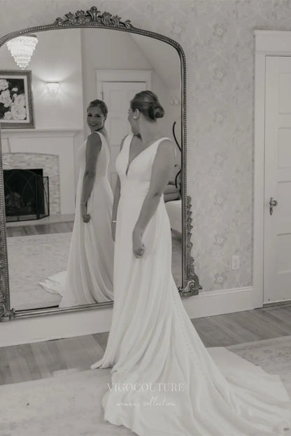 Wedding Dresses 2025 to impress Minimalist Ivory Crepe Wedding Dress with Deep V-Neckline, Open Back & Sleek Silhouette – W2348-vigocouture-vigocouture