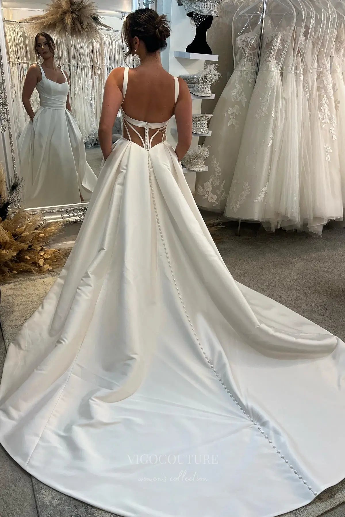 Wedding Dresses 2025 to impress Minimalist Satin A-Line Wedding Dress with Pockets, Square Neckline, Corset Back, and High Slit – W2602-vigocouture-vigocouture