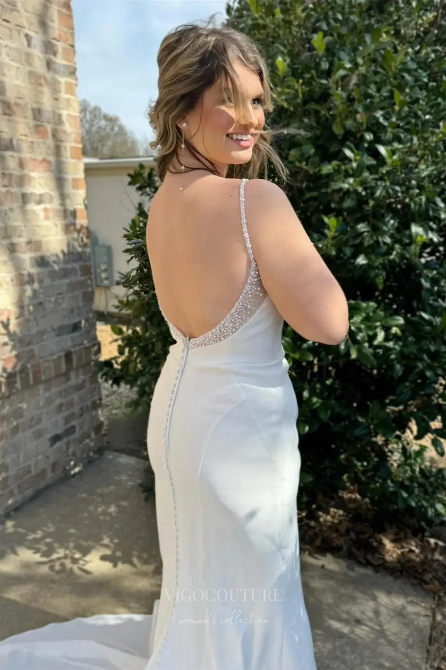 Wedding Dresses 2025 to impress Modern Ivory Crepe Mermaid Wedding Dress with Cowl Neck, Pearl Straps & Backless Train – W2356-vigocouture-vigocouture