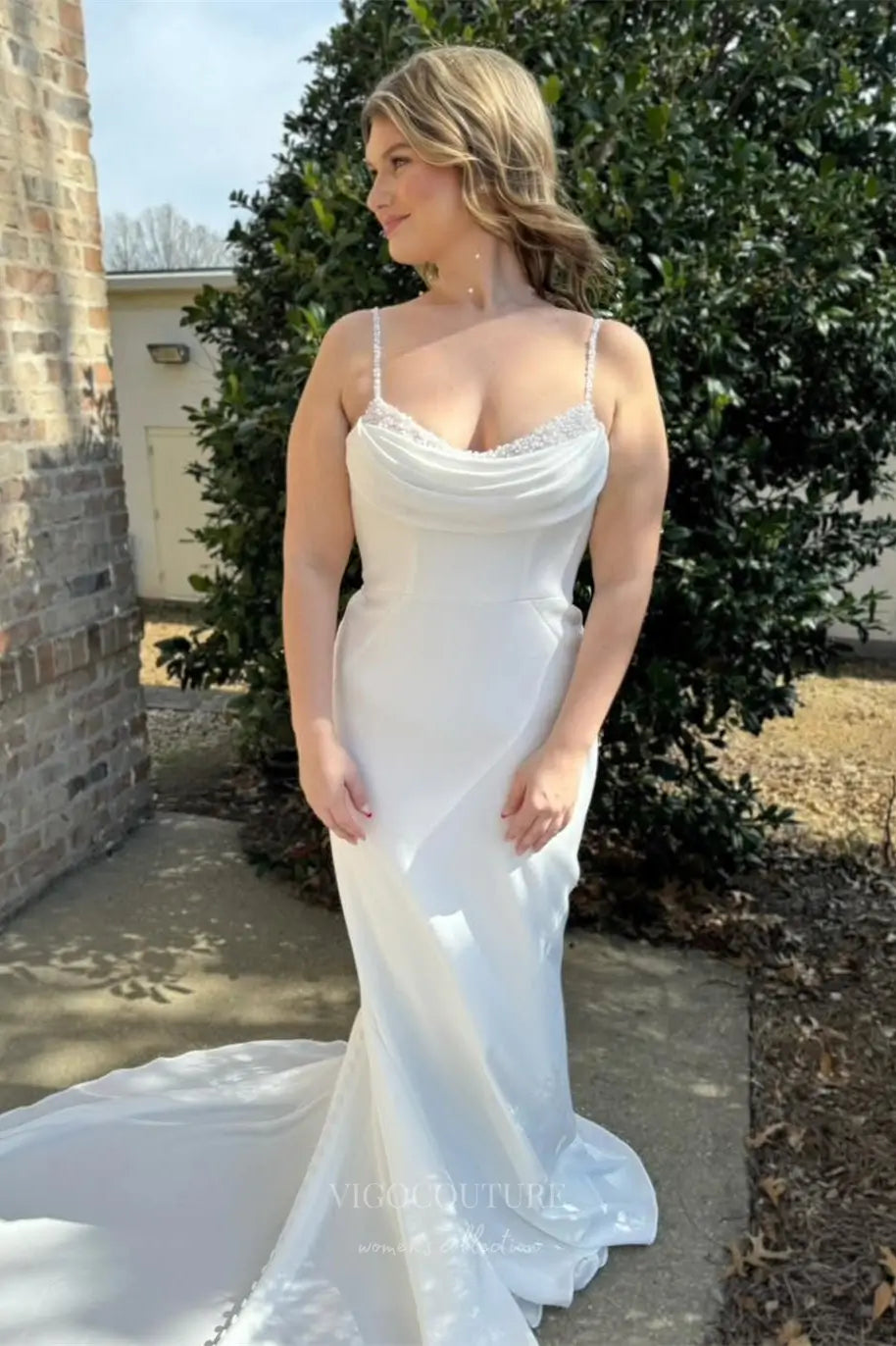 Wedding Dresses 2025 to impress Modern Ivory Crepe Mermaid Wedding Dress with Cowl Neck, Pearl Straps & Backless Train – W2356-vigocouture-vigocouture
