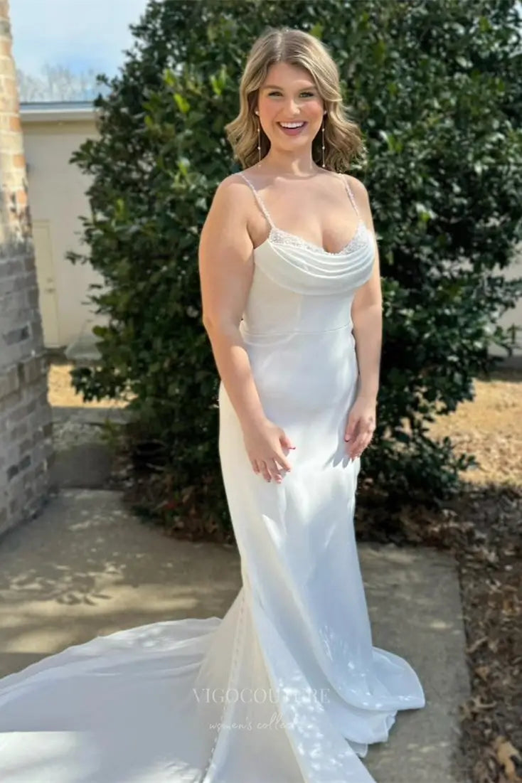 Modern Ivory Crepe Mermaid Wedding Dress with Cowl Neck, Pearl Straps & Backless Train – W2356