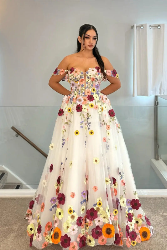 Multicolor 3D Floral Wedding Dress with Off-Shoulder Straps, Sheer Corset Bodice, Chapel Train – W2234