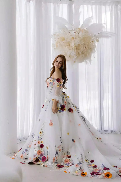 Wedding Dresses 2025 to impress Multicolor 3D Floral Wedding Dress with Puffy Off-Shoulder Sleeves, Sweetheart Neckline, and Chapel Train – W2235-vigocouture-vigocouture