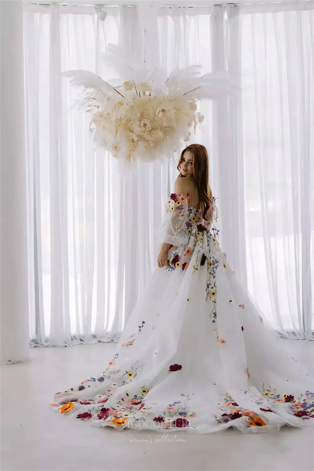 floral sweetheart off shoulder dress 3D Floral Wedding Dress with Off-Shoulder Sleeves and Chapel Train – W2235  – vigocouture