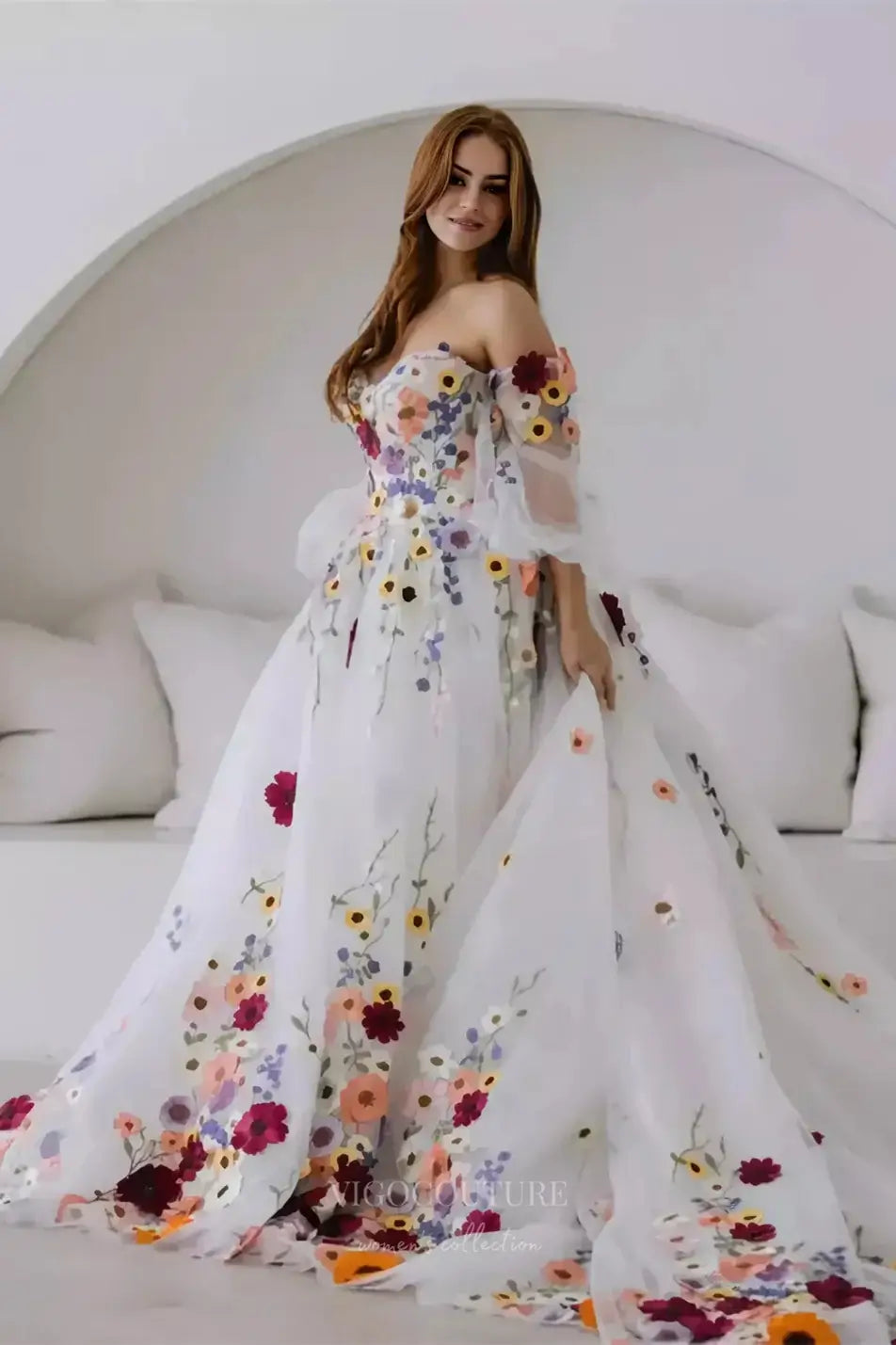 Multicolor 3D Floral Wedding Dress with Puffy Off-Shoulder Sleeves, Sweetheart Neckline, and Chapel Train – W2235