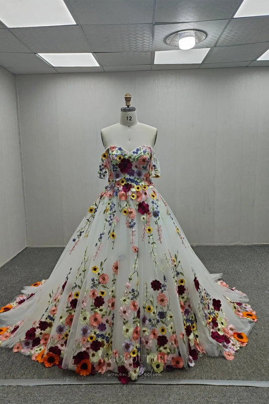 Multicolor 3D Floral Wedding Dress with Sweetheart Neckline, Corset Back, and Chapel Train – W2236