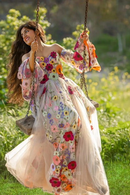 Wedding Dresses 2025 to impress Multicolor Floral Off-Shoulder Tulle Wedding Dress with 3D Appliques, Puff Sleeves & Chapel Train – W2332-vigocouture-vigocouture