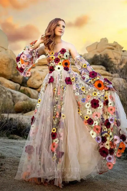 Wedding Dresses 2025 to impress Multicolor Floral Off-Shoulder Tulle Wedding Dress with 3D Appliques, Puff Sleeves & Chapel Train – W2332-vigocouture-vigocouture