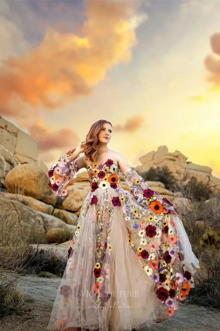 Wedding Dresses 2025 to impress Multicolor Floral Off-Shoulder Tulle Wedding Dress with 3D Appliques, Puff Sleeves & Chapel Train – W2332-vigocouture-vigocouture