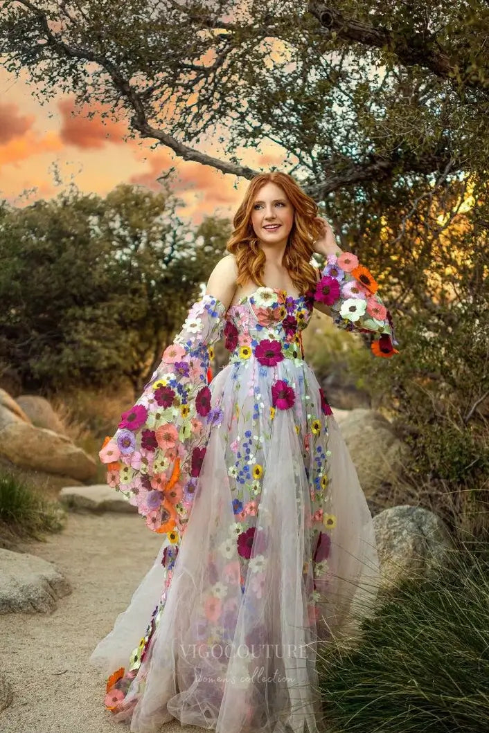 Wedding Dresses 2025 to impress Multicolor Floral Off-Shoulder Tulle Wedding Dress with 3D Appliques, Puff Sleeves & Chapel Train – W2332-vigocouture-vigocouture