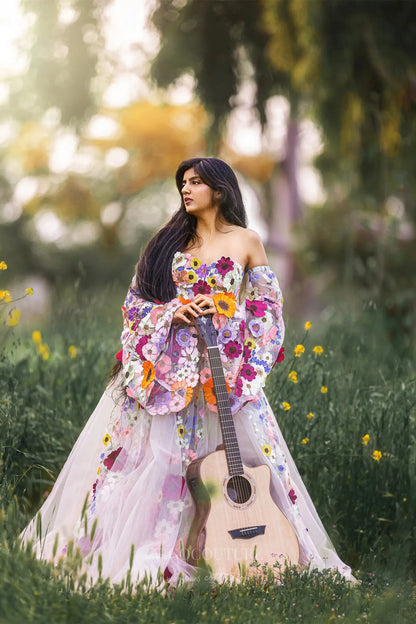 Multicolor Floral Off-Shoulder Tulle Wedding Dress with 3D Appliques, Puff Sleeves & Chapel Train – W2332