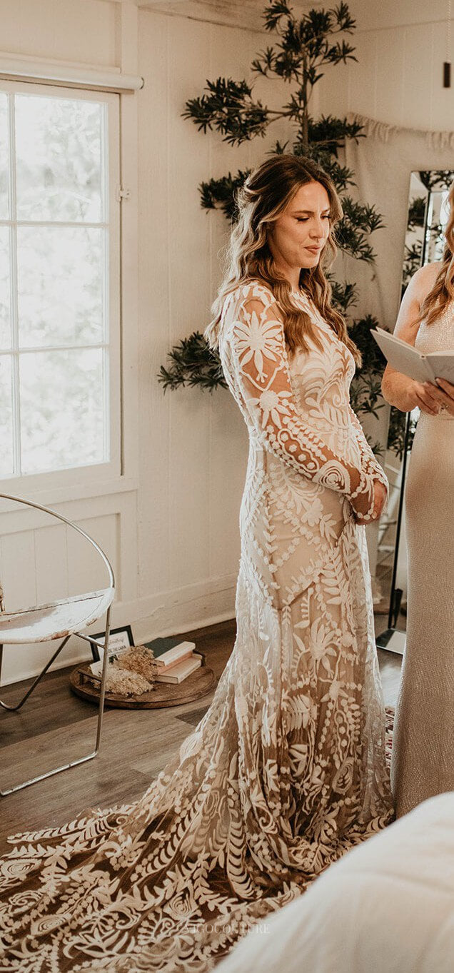 Nude Boho Long Sleeve Wedding Dress Bohemian Bridal Gown RDS001 – vigocouture