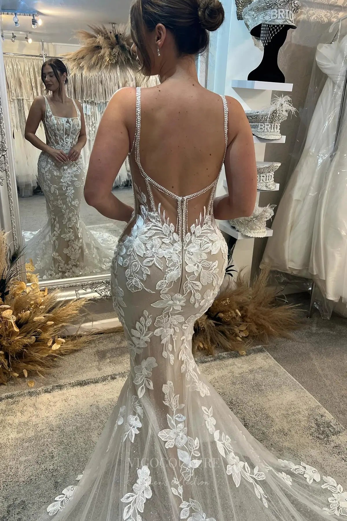 Wedding Dresses 2025 to impress Nude Floral Lace Mermaid Wedding Dress with Square Neckline, Beaded Straps, Sheer Back & Chapel Train – W2270-vigocouture-vigocouture