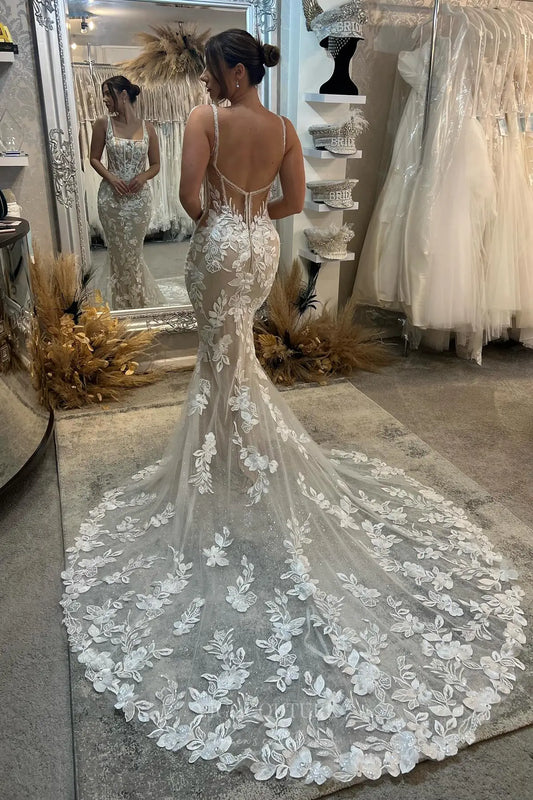 Nude Floral Lace Mermaid Wedding Dress with Square Neckline, Beaded Straps, Sheer Back & Chapel Train – W2270
