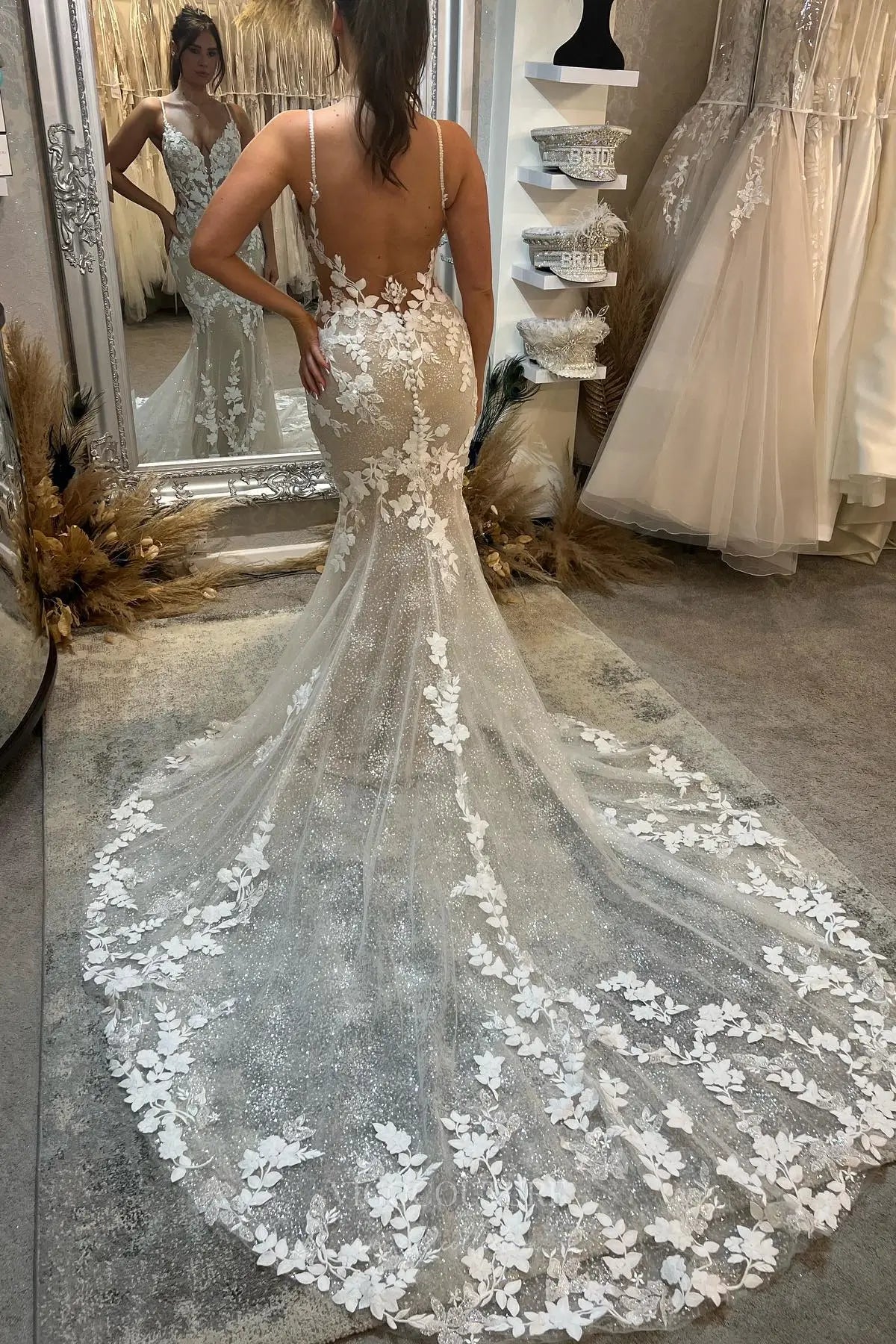 Wedding Dresses 2025 to impress Nude Lace Mermaid Wedding Dress with Plunging Neckline, Illusion Side Cutouts, Open Back & Sparkly Cathedral Train – W2269-vigocouture-vigocouture