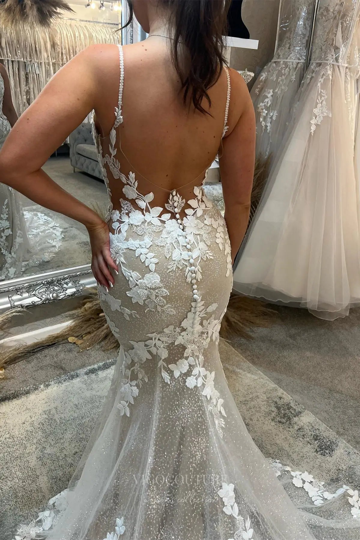 Wedding Dresses 2025 to impress Nude Lace Mermaid Wedding Dress with Plunging Neckline, Illusion Side Cutouts, Open Back & Sparkly Cathedral Train – W2269-vigocouture-vigocouture