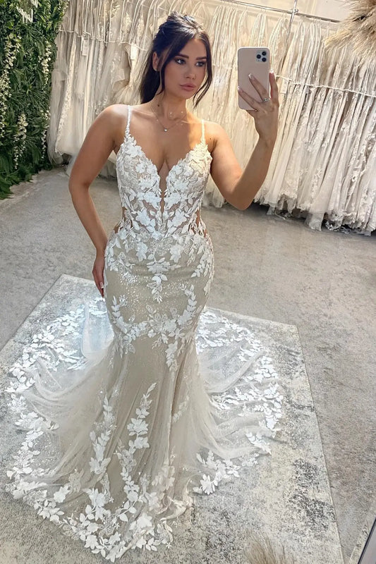 Nude Lace Mermaid Wedding Dress with Plunging Neckline, Illusion Side Cutouts, Open Back & Sparkly Cathedral Train – W2269